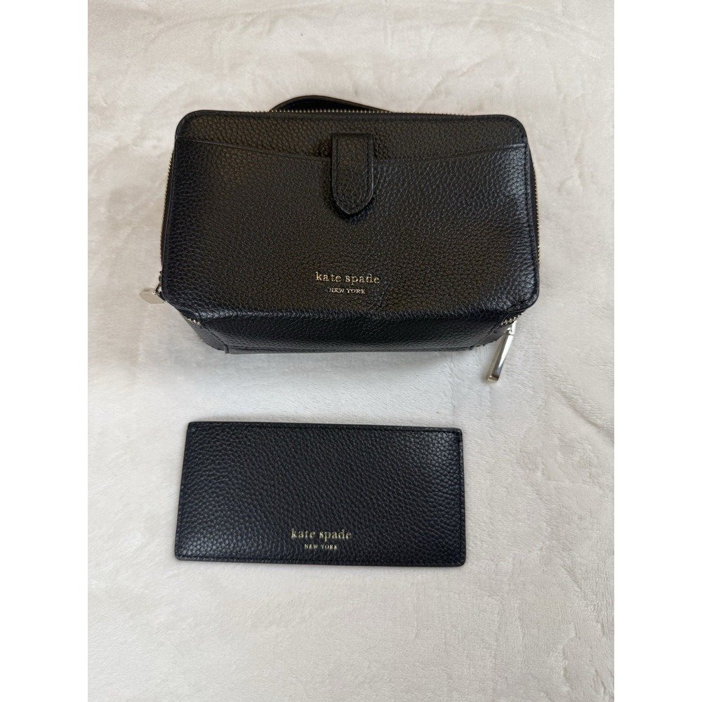 Kate Spade Black Pebbled Leather Zip Around Wallet Organizer + Card Holder